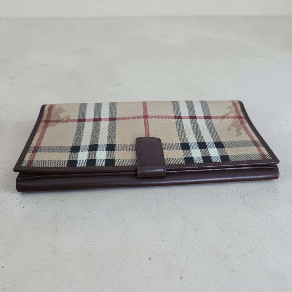 Burberry Haymarket Nova Check Bifold Wallet Brown Leather Gold Buckle Italy - Picture 14 of 15